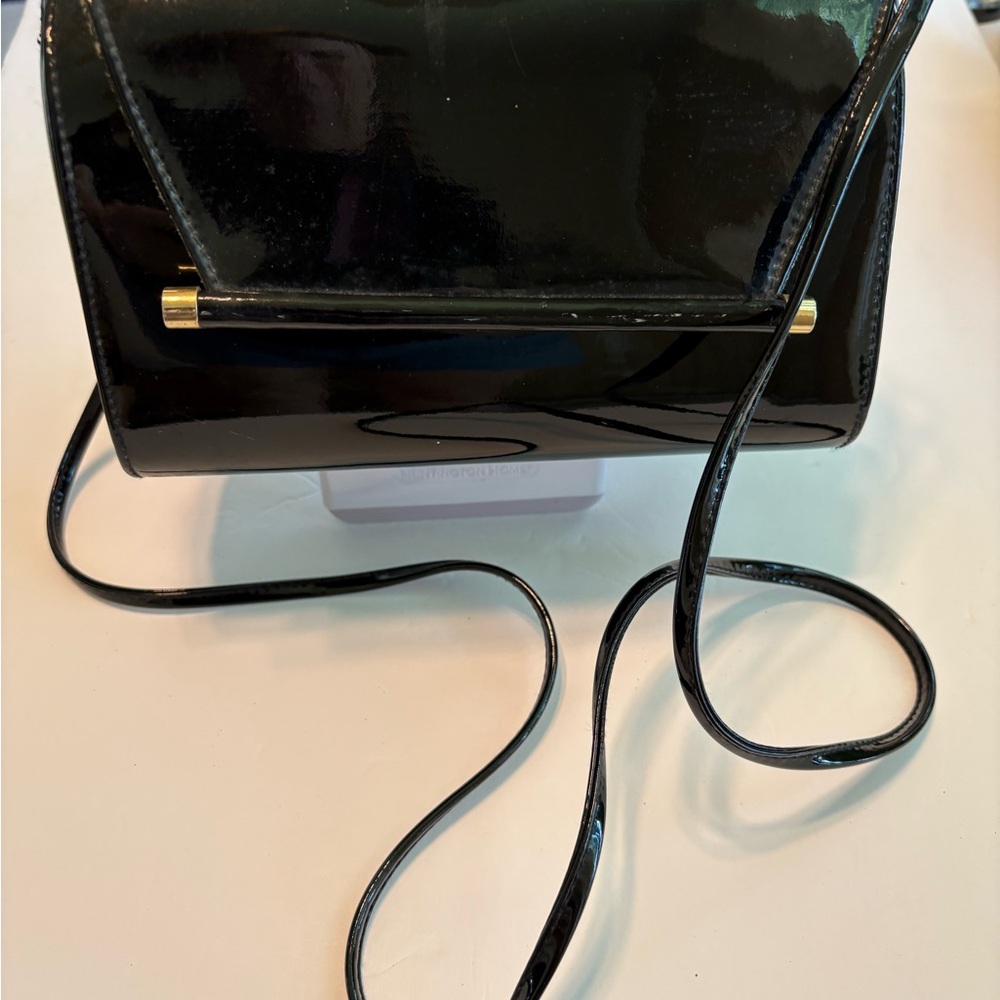 Crossbody Black Patent Leather Handbag Gold Tone Accents JR Vintage